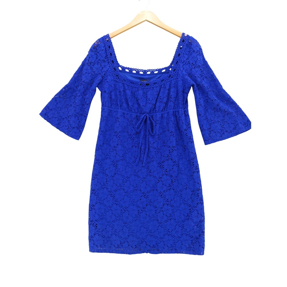 Laundry by Shelli Segal Dress Sz S Blue‎ Eyelet Lace Bell Sleeve Empire Waist